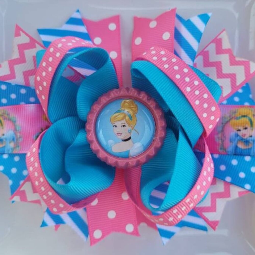 Cinderella Disney Pink Turquoise Blue Yellow Bottle Cap Hair Bow 5"
